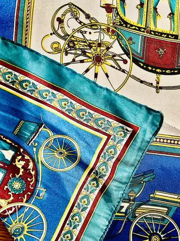 VINTAGE EQUESTRIAN horse&carriage ROYAL BLUE silky SCARF 35’/35’ inches