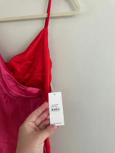 Petal and Pup Lipa Red Pink Colorblock Satin Midi Slip Dress