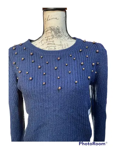 a.n.a a new approach Blue Long Sleeve Pearl Knitted Sweater, Small