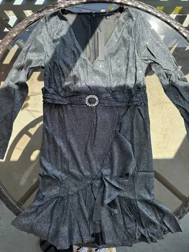 Symphony Shimmer Belted Asymmetrical Flare Hem V-neck Dress Black/Silver Size 2X