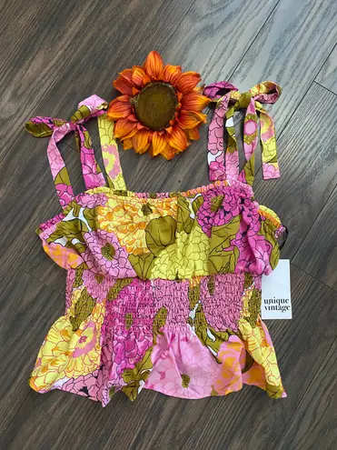 Unique Vintage NTAGE Pink & Yellow Floral Breezy Babe Crop Top MEDIUM 