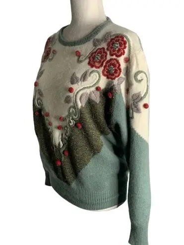 L.A.M.B. Vintage 80s Wool Angora Knit Sweater M Green Embroidered Floral Pullover