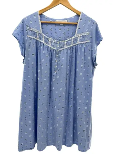 Eileen West Blue Floral Nightgown Women's XL Cotton Cap Sleeve Button Front