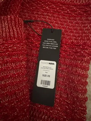 FashioNova NWT Red Metallic Crochet Maxi Dress