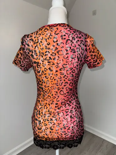 BKE Leopard Mesh Mini Dress Pink Orange Sheer Lace Hem Clubwear Size Small Y2K