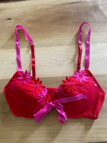 Frederick's of Hollywood Fredrick’s Of Hollywood Red And Pink Floral Ribbon Front Bra Size 36C