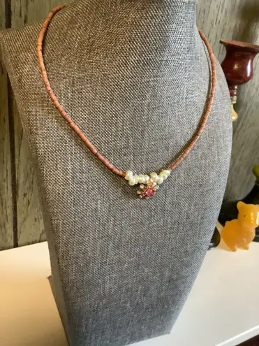 Handmade Pink Sparkle Pendant White Fresh Water Pearl Choker Set / Vintage Ring