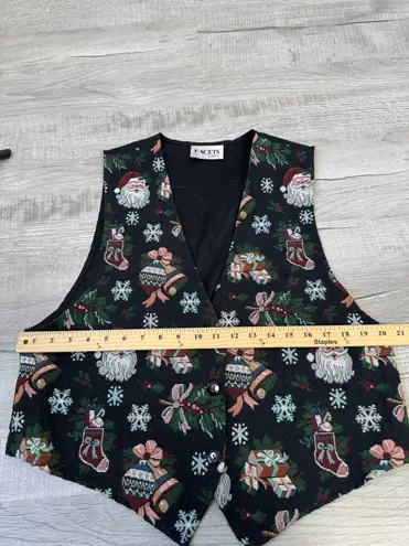 Vintage Facets by Mirrors Santa Christmas Vest Tapestry Holiday USA Large Black