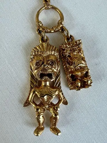 Vintage Hawaiian Tiki Pendant Necklace Gold Tone Chain Tribal God Charm Jewelry