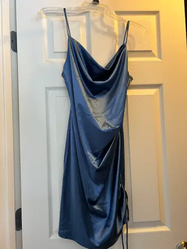 Emerald Sundae Blue Satin Bodycon Mini Dress With Ruched Detailing. Medium. Never Worn