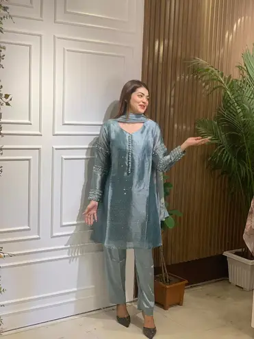 Bollywood Design silk 3pc kamiz suit Indian Pakistani New Blue Size M