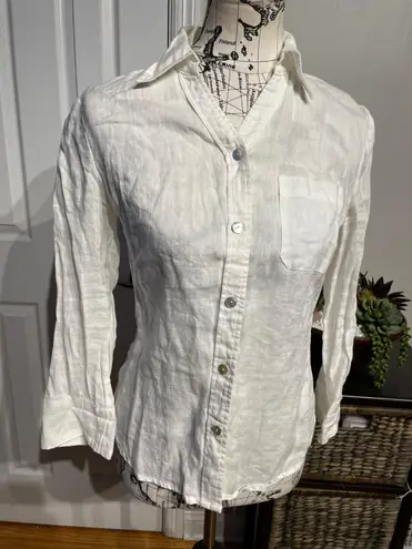 Dress Barn  Vintage 100% Linen Fit Bodice Button Down shirt pocket blouse V-neck collar summer Beach travel vacation office rustic prairie boho western Cottage Coastal Western