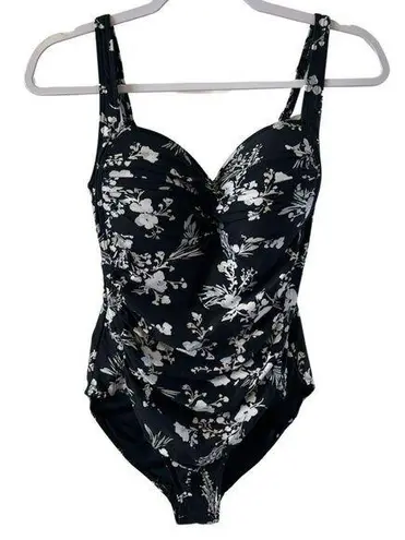 Niptuck Womens Floral Black Silver White Ruched Bodice One Piece Swim Suit 8