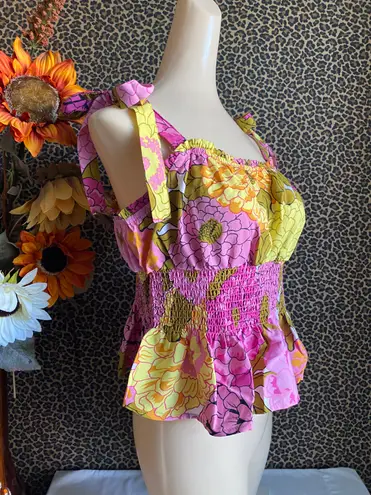 Unique Vintage NTAGE Pink & Yellow Floral Breezy Babe Crop Top MEDIUM 