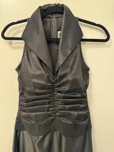 Tadashi Vintage 1990s Black Satin Ruched Tuxedo Collared Style Midi Dress Size 4