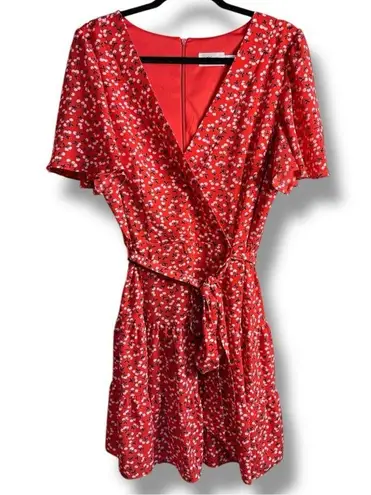 Eliza J Red Floral V-Neck Flutter Sleeve Fit-N-Flare Mini Dress Fits like an 8