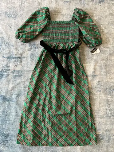 INC International Concepts Green Red Metallic Plaid Belted Midi Dress Small