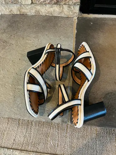 Schutz Raffia Buckle Heeled Sandals - Alita - Ivory & Black 10B