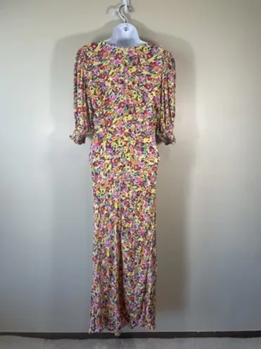 Rixo Floral Multi Color Bias Cut Midi V Neck Zipper Dress Size 6 Puff Sleeves Yellow