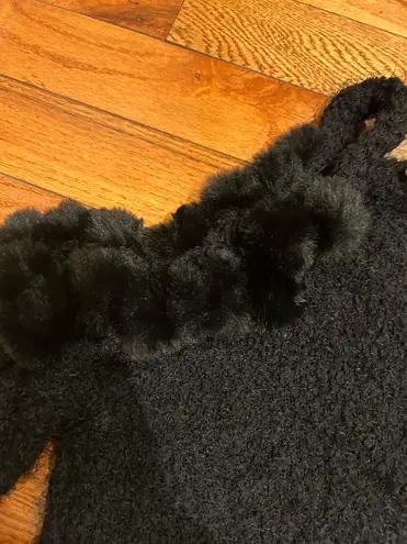 Heart black cold shoulder hairy knit sweater black faux fur balls size L Size L