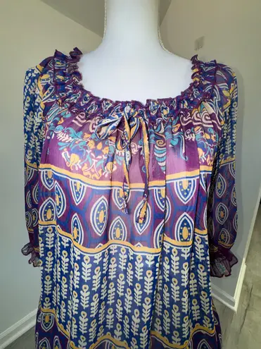 Say What? VTG Say What? Boho Sheer Peasant Blouse Purple Paisley Print Ruffle Neck Size L