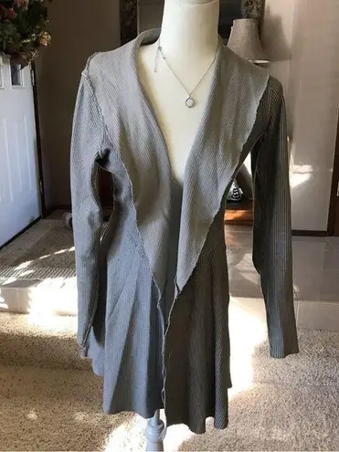 Cut loose Raw Hem Ribbed Open Front Cardigan Jacket Grey Small Lagenlook Gray