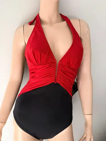 Magicsuit by Miraclesuit Red Black One Piece Swimsuit Tummy Control Look Slimmer Size 8