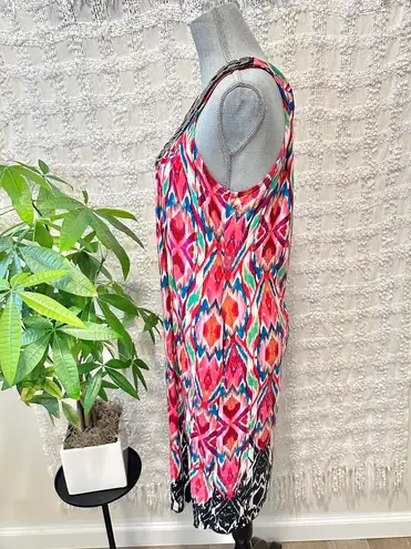 Ny Collection Multicolor Printed Boho midi Dress, Beaded Neckline large