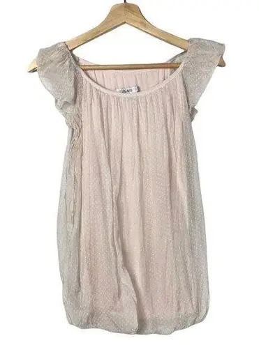 Luisa Ricci Light Pink Smocked Bottom Silk Polka Dot Short Sleeve Blouse S