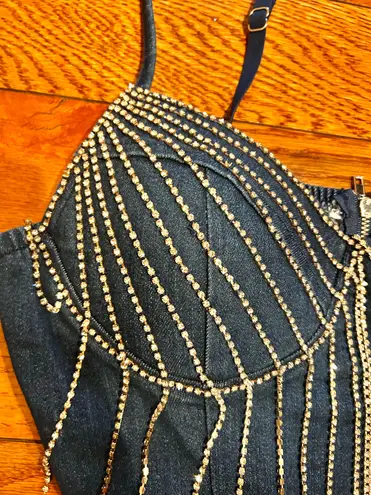 Blashe NWT VIRAL SEXY Blue Denim Fringe Rhinestone Jeweled Sleeveless Bodysuit M Size M