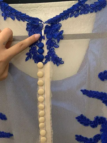 Custom Blue Transparent Embroidered Long Sleeve Chiffon Mesh Ball Gown Dress Size XL