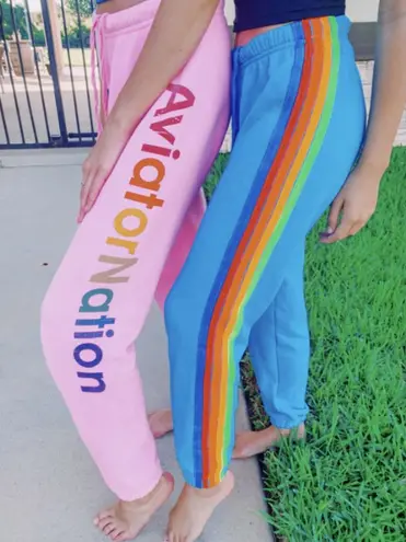 Aviator Nation 5 Stripe Sweatpant in Neon Blue & Neon Rainbow Size Small
