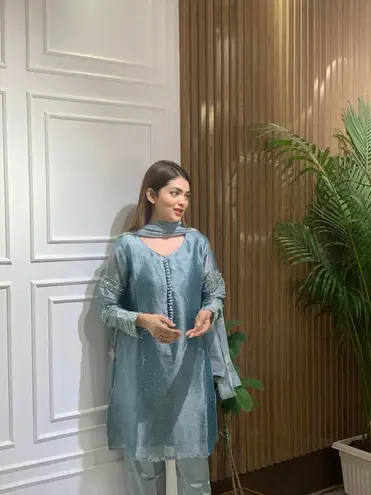 Bollywood Design silk 3pc kamiz suit Indian Pakistani New Blue Size M