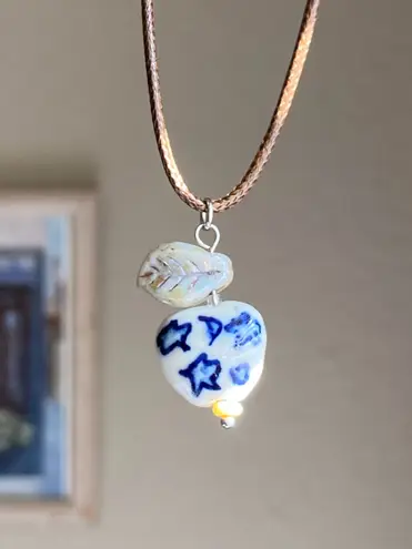 Handmade celestial porcelain heart bead & Czech leaf unique boho fairy whimsical necklace🌙🌀🌟