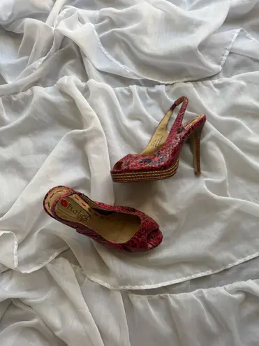 Two Lips Faux Snakeskin Peep Toe Slingback Pumps Red Size 6.5