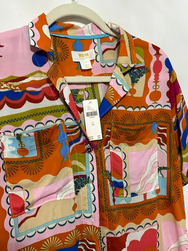 Maeve Anthropologie bon voyage loose maximalist short sleeve button down