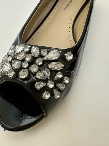 Adrienne Vittadini Black Patent Rhinestone Shoes Open Toe Ballet Size 8