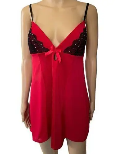Passion Forever Red Black Mesh Floral Lace Rhinestone Padded Lingerie Slip Dress Size L