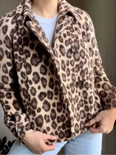 Rebecca Taylor Leopard Coating Shrunken Wool Blend Pea Coat Jacket