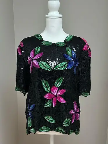 Vintage 1980’s “Sténay” Black Sequin & Beaded Blouse Floral Pattern Large
