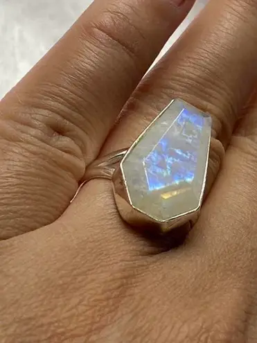 925 Silver Natural Rainbow Moonstone Gemstone Ring Size 5.75