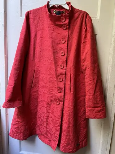 Desigual Long Trench Coat L Red Cotton Tapestry Baroque Fairy Artsy Renaissance