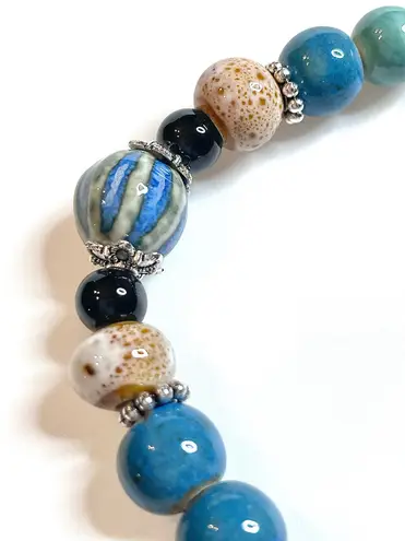 Elephant Bracelet Blue Silver Black Boho Ceramic Elastic Stretchy