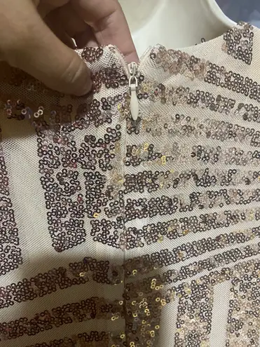 Miss Ord NWT Champagne Gold Sequined V-Neck dress long sleeve brand| women M