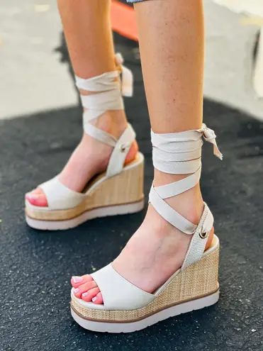 Soda Nude Lace Up Wedge 