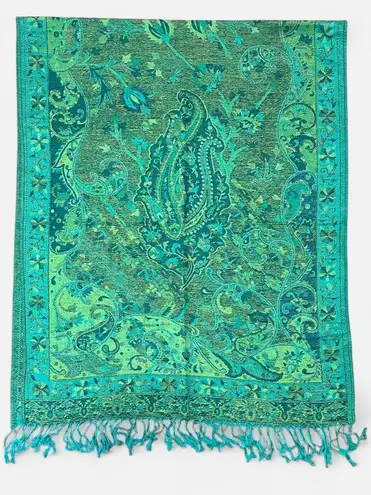 Intricate hand knitted gypsy vibe paisley woven shawl, beach cover up, or scarf with fringe Green