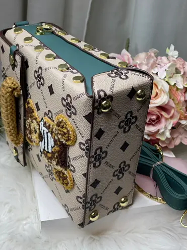 Fluffy Bear Decor Top Handle Purse, Faux Leather, Removable strap. Green strap Brown