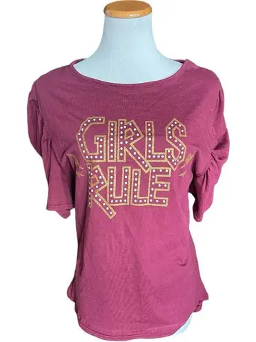 NWT Womens Boutique Girls Rule Gold Glitter Decal Puff Sleeve Top