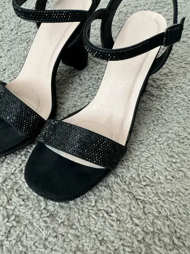 De Blossom Collection Black Rhinestone Ankle Strap Block Heels