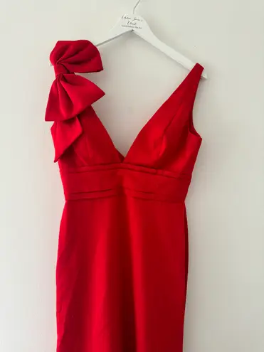 Mac Duggal Red Sleeveless V Neck Bow Detail Mermaid Gown